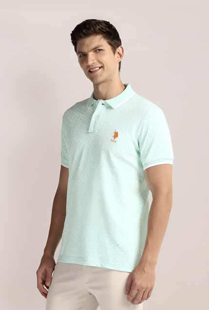 Men Aqua Green Floral Printed Polo Collar Cotton Slim Fit T-Shirt