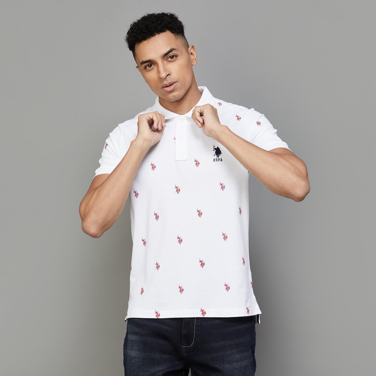 Slim Fit Brand Logo Printed White Polo Collar Cotton T-shirt
